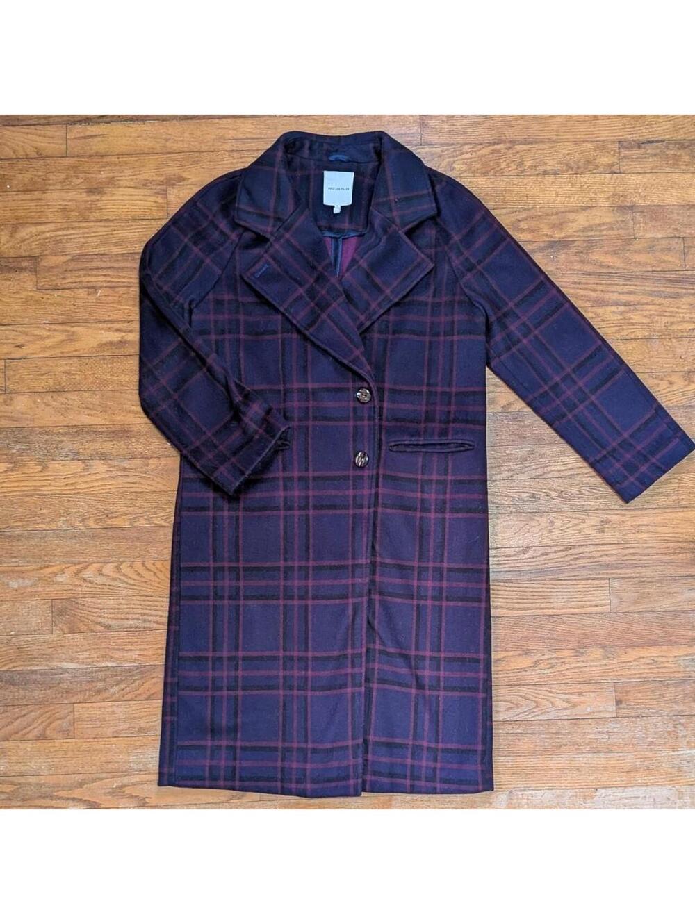 Avec Les Filles Navy And Plum Plaid Long Coat Notch Collar Dark Academia Size M